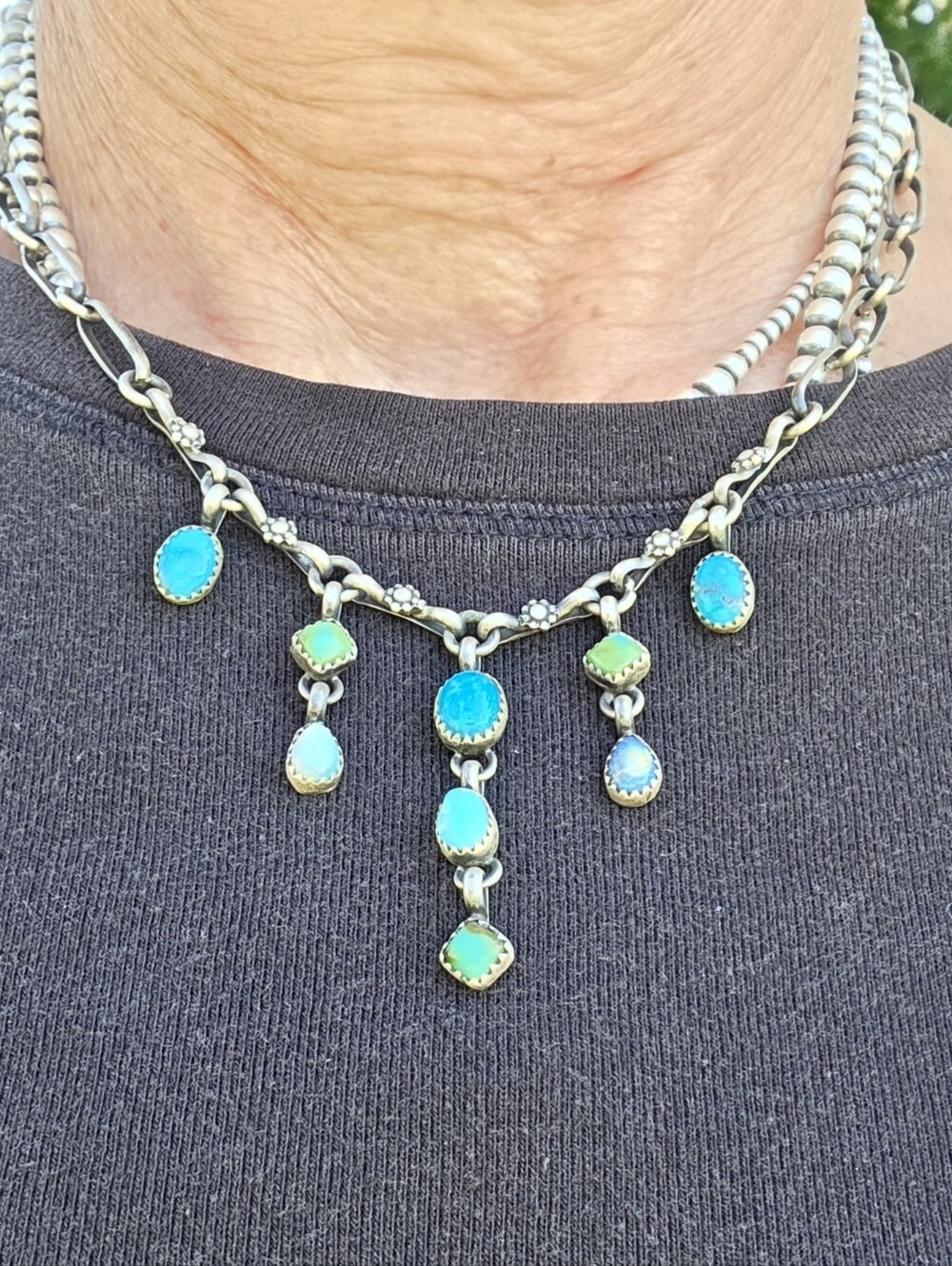 Navajo Brenda Jimenez Turquoise Opal Sterling Drop Pendant Necklace